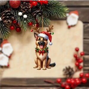 Reindeer Santa Hat German Shepard Shaped 2D Christmas Ornament Pendant